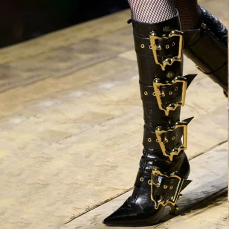 Gold Buckle Heel Boots - Dupe Department