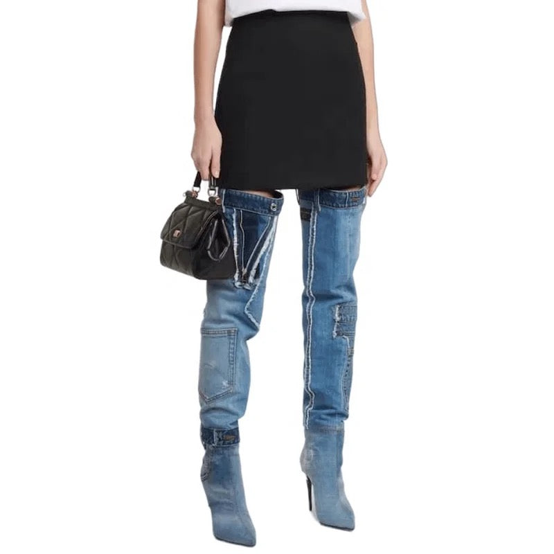Jean Patchwork Heel Boots - Dupe Department 