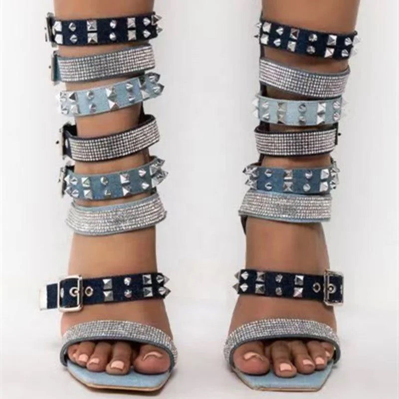 Denim X Stud Heels - Dupe Department 