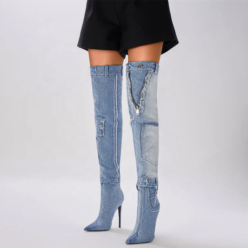 Jean Patchwork Heel Boots - Dupe Department 