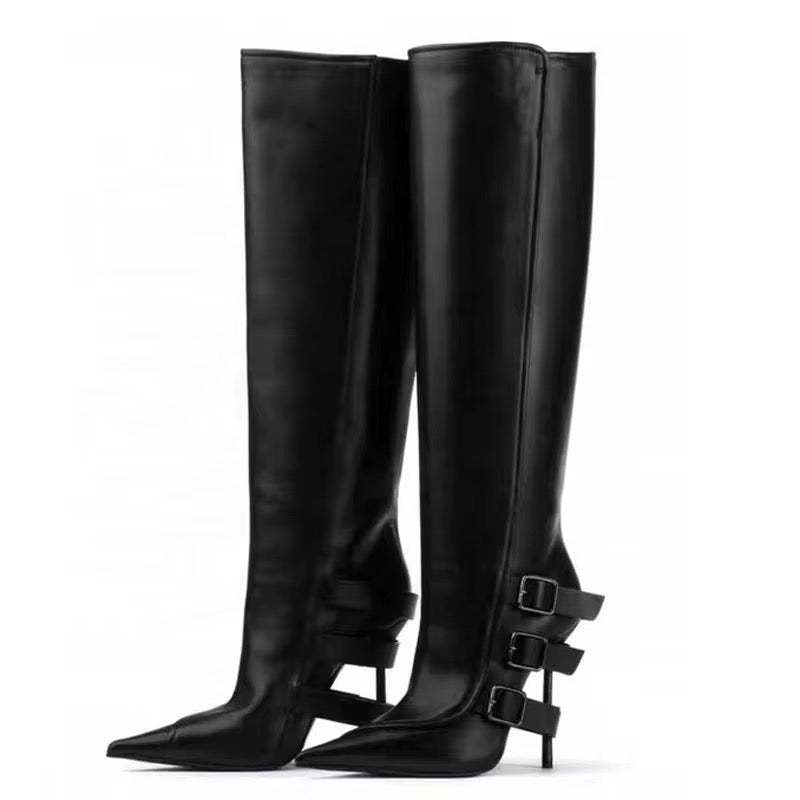 Botas altas hasta la rodilla con triple hebilla y tacón de aguja